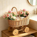 HAOPAIXW 15.7" Wicker Baby Carriage for Baby Shower, Woven Rattan Stroller Basket with 2 Artificial Flower Bouquets, Vintage Floral Centerpiece Planter Gender Reveal Basket (Basket+Flower Bouquets) - Image 4