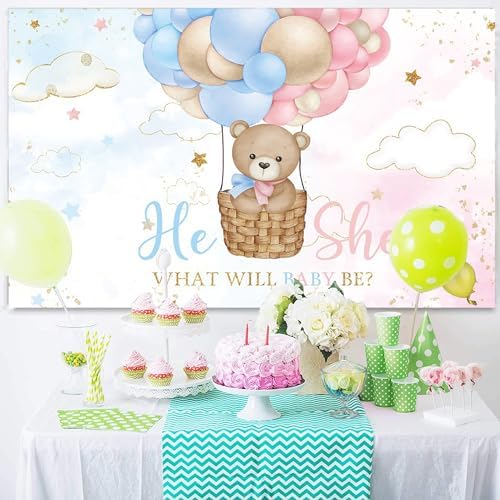 15x10ft Gender Reveal Backdrop He or She Pink or Blue Balloons Photography Background Boy or Girl Baby Bear Gender Reveal Party Banner Decorations Supplies Photo Booth Props - Image 3