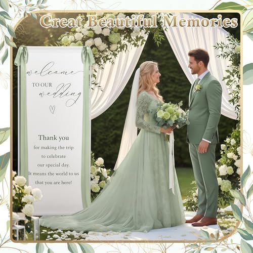 Wedding Welcome Linen Sign Stand with Satin Ribbon(Green) - Image 6