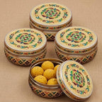 LOVENSPIRE Meenakari Stainless Steel Storage Box with Lid (400gm) Decorative Round Indian Food Container for Sweets, Kitchen Items & Return Gift Favors Pack of 4 by LOVENSPIRE