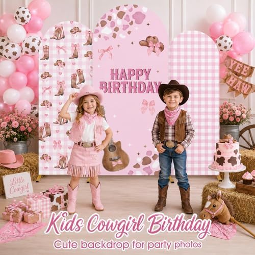 3pcs Pink Cowgirl Birthday Party Decorations Western Cow Theme Birthday Arch Backdrop Cover with Bow Guitar Shoes Pattern for Girl Barn Farm Party Baby Shower Photo Backgrounds 4ft, 5ft, 6ft - Image 6