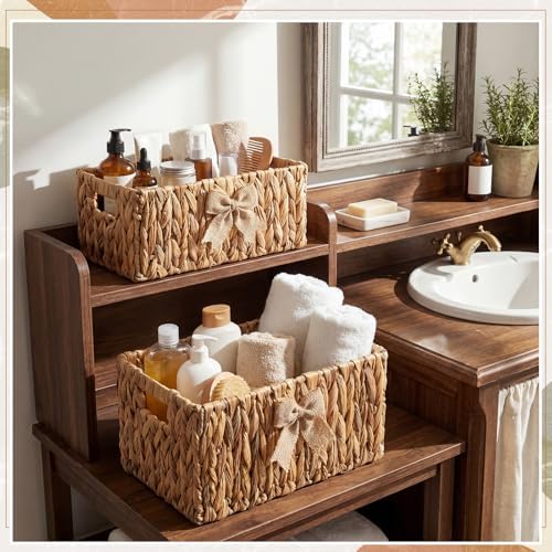 Colingmill 2 Sets Wicker Gift Basket Empty Rectangular Woven Baskets with Handle, Gift Bag and Ribbon, Stackable Goodies Basket for Birthday Wedding Baby Baptisms Christmas(Water Hyacinth,Large,Small) - Image 4