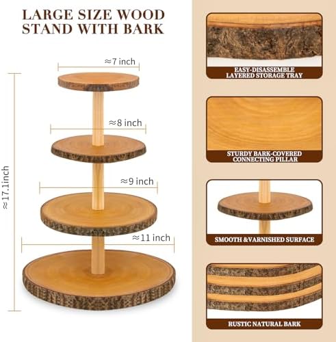 Cupcake Stand Wood Dessert Stands 4 Tier Wooden Cupcake Stand - Large Capacity, Bark-Covered, Varnished, Multi-Functional for Weddings, Baby Showers, and Parties. - Image 7