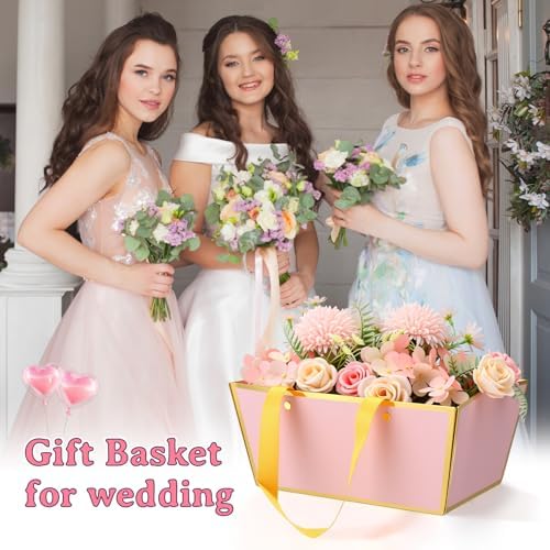 Tuanse 30 Pcs Basket for Gift Empty DIY Bulk Gift Basket Kit with Handle Kraft Cardboard Tray with 30 Bag 30 Bow Market Tray for Wedding Party, Pink, 9.8 x 6.7 x 4.3 in - Image 5