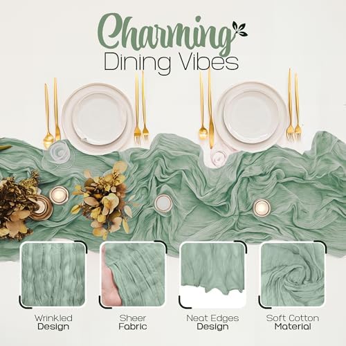 12 Pack Sage Green Cheesecloth Table Runners 10FT Long – 35 x 120 Inch Boho Gauze Table Runners for Engagement, Wedding, Baby Shower & Home Decor – Soft Wrinkled Polyester Fabric - Image 3