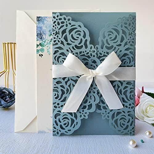 50Pcs Personalized Dusty Blue Wedding Invitations Cards Kits 5'' x 7.3'' Laser Cut Hollow Rose Flora Pocket with Envelopes for Wedding Bridal Shower Quinceanera Invite - Image 7