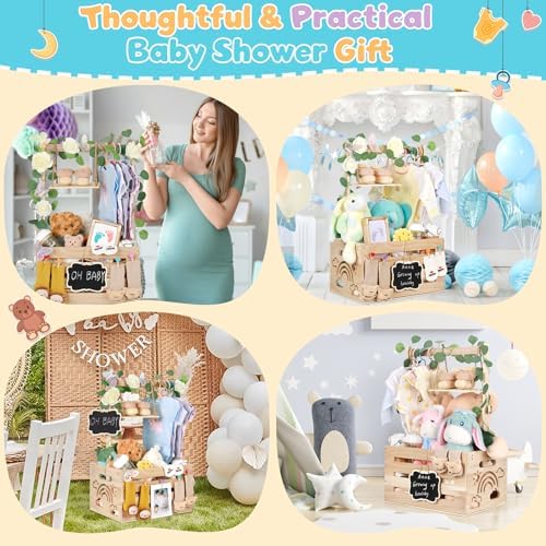 Wooden Baby Shower Crate Closet with Handle, Hangers & Garland, Large Capacity Baby Basket for Baby Shower, Customizable Wooden Crate Box Newborn Parents Welcome Gift (Natural Wood) - Image 6