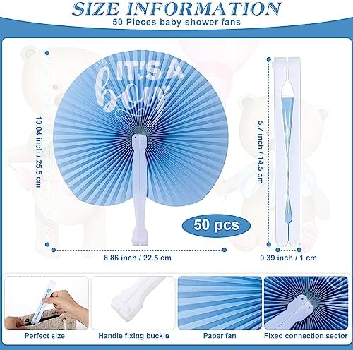Redbaker 50 Sets Baby Shower Folding Handheld Fans Girl Boy Paper Round Shaped Accordion Fans with Baby Shower Favor Tags and Organza Bags for Guests Gender Reveal Party Favors Gifts (Blue) - Image 2