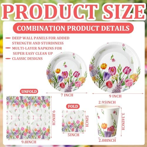 Hsei 250 Pcs Tulip Floral Disposable Paper Plates Napkins Cups Set - Image 2