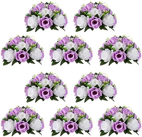 NUPTIO Flower Wedding Centrepieces for Tables - 10 Pcs 9.5in Diameter Lilac & White Artificial Flowers Rose Ball for Centerpieces Table - Fake Rose Arrangements for Weddings Birthday Party Decor by Nuptio