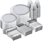 N9R 600PCS White and Silver Plastic Plates, Disposable Dinnerware Set by N9RTABLEWARE