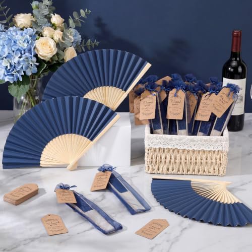 Roowest 50 Pack Paper Folding Fans Bamboo Wedding Favors, Navy Blue - Image 6