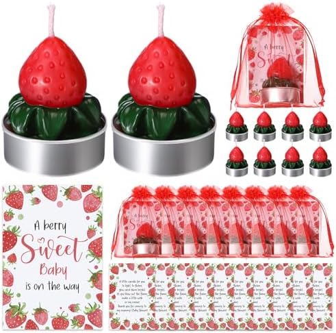 MTLEE 50 Sets Strawberry Candles Baby Shower Favors with Bags and Cards by MTLEE
