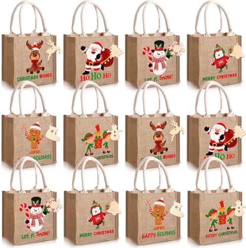 Sweetude 12 Pack Christmas Linen Burlap Bags with Tags,Lovely by Sweetude