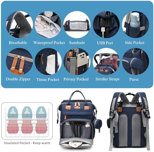 Jeryswet Baby Diaper Bags with Changing Station, Waterproof Large Capacity Diaper Bag Backpack for Moms Dads with USB Charging Port and Stroller Straps, Baby Shower Gifts, Blue - Image 5