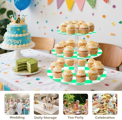 J JOYSAY Chess Checkerboard White Light Green Print Acrylic Cupcake Stand 3 Tier Dessert Table Display Set Clear Cake Stands for Party Baby Shower Wedding Decorations Easy Assembly Donut Tower - Image 7
