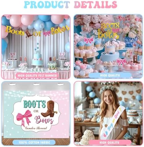 Boots or Bows Gender Reveal Decorations, Baby Boy or Girl Party Decor Backdrop Balloon Garland Banner Tablecloth Cake Cupcake Topper Box Sash Pink Blue - Image 4