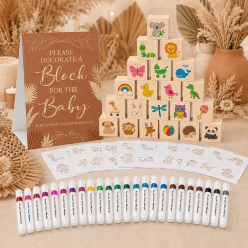117 Pcs Baby Shower Blocks to Decorate Game Kit, 52 Wooden Baby Blocks for Baby Shower Games, 24 Acrylic Markers, 10 Stencils, Game Sign, DIY Baby Shower Activity & Gender Reveal Decor, Kraft Boho - Image 7