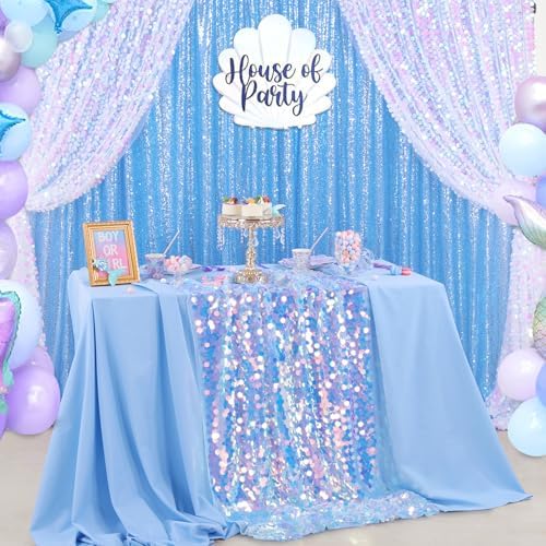 QueenDream Rectangle Sequin Blue Mermaid Tablecloth - 51x106 Inch Sequin Fabric Rectangle Table Cloths Mermaid Birthday Ocean Party Decoration - Image 4