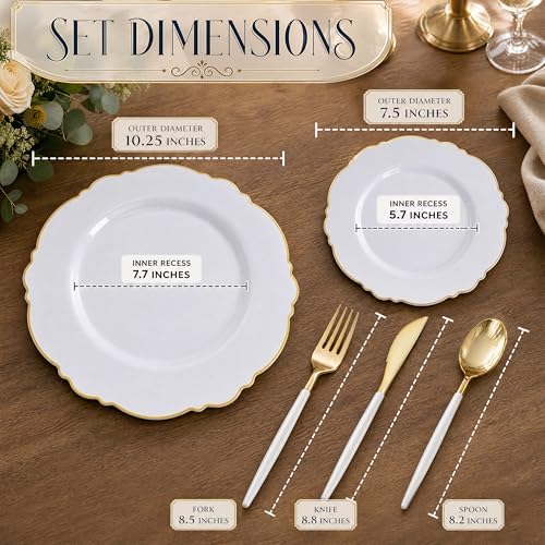 WDF 30Guest Gold Plastic Plates - High-end Baroque Design - 10.25&7.5in Wedding White and Gold Plates Disposable for Birthday/Baby Shower/Wedding/Party - Image 4