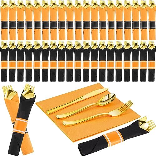 Lasnten 50 Pack Halloween Pre Rolled Plastic Silverware Set for 50 Guests by Lasnten