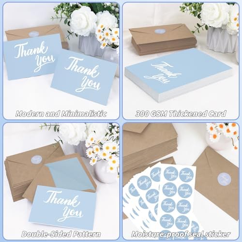 600 Pcs Light Blue Thank You Cards Bulk with Kraft Envelopes and Stickers 4x6 Inch Blank Thank You Notes Box Set Minimalistic Design for Business Wedding Baby Shower Graduation Bridal Shower Birthday - Image 3