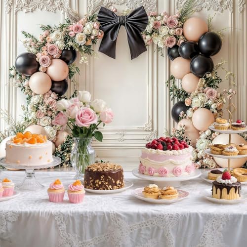 10x8ft Bow Wedding Photography Backdrop Black Bow Floral Balloons Backdrops White Vintage Wall Background Coquette Banner for Girls Birthday Party Decorations - Image 3