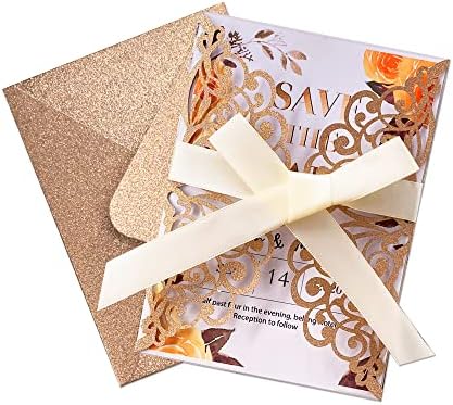 50Pcs Laser Cut Wedding Invitation With Glitter Envelopes And Ribbons Blank Personalized Card Invitaciones Para quinceañera Birthday Baby Shower Christmas Party Bridal Shower (Rose Gold) - Image 3