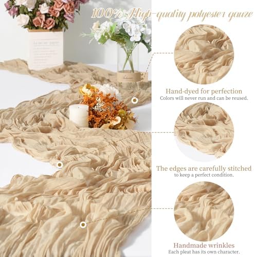 Teruntrue 20 Pack Beige Cheesecloth Table Runner 17x108 Inch, Boho Gauze Sheer Fabric Cheese Cloth Table Runners for Wedding Party Bridal Shower Baby Shower Birthday Home Decor Garden Farmhouse - Image 3