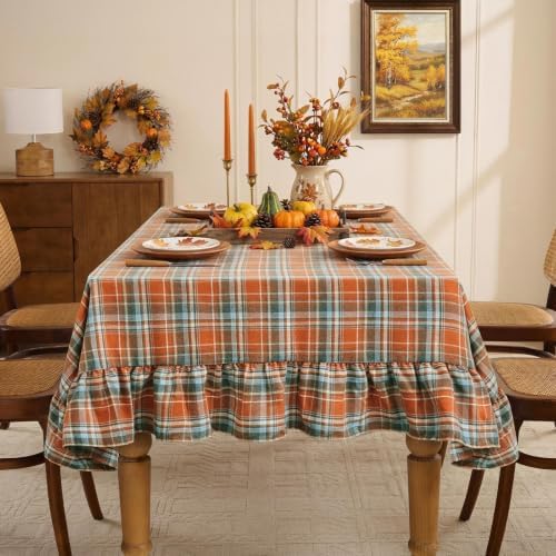 Romanstile Thanksgiving Plaid Ruffled Tablecloth Rectangle 60x102 Inch Rust - Image 2