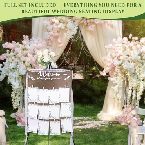 Wooden Wedding Seating Chart Board, Two Connectable Panels (23.7"×17"), 0.32" Thick, Foldable Design with Metal Stand, White Lace Ribbon, Floral Décor, and 20 Cards for Ceremony & Reception - Image 2