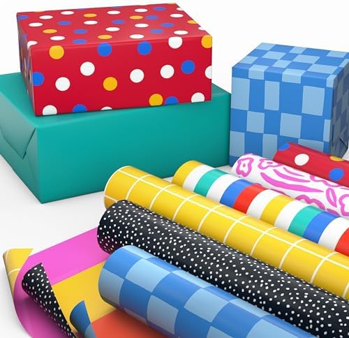 Hallmark Reversible Wrapping Paper Rolls - Checkered, Solids, Stripes, Polka Dots, Flowers, Gift Wrap Paper (Set of 6 Rolls: 150 sq. ft. ttl.) for Birthday, Christmas, Baby Shower, Graduation, All Occasion - Image 3