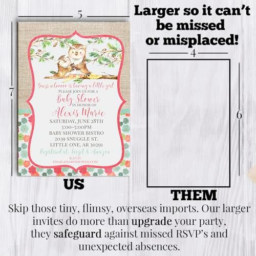 Amanda Creation Pink Watercolor Owl Baby Shower Invitations for Girls, Baby Shower Invitations with Owls, 20 Personalized 5x7 Double-Sided Cards with White Envelopes, Made in USA - Image 7