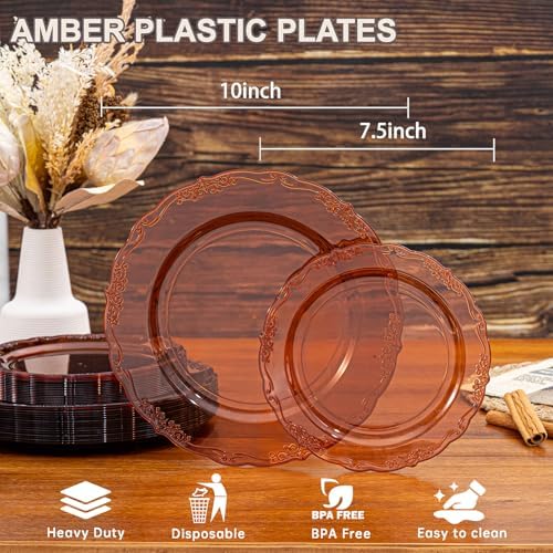 Tinybee 60PCS Amber Plastic Plates - Clear Brown Plastic Plates Disposable - Image 2