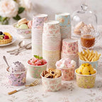 CHENGU 300 Pcs Floral Ice Cream Cups 8oz Disposable Treat Snack Cups Retro Flower Pattern Paper Bowls for Soup Yogurt Cupcake Hot or Cold Food Wedding Baby Shower Tea Party Supplies - Image 6