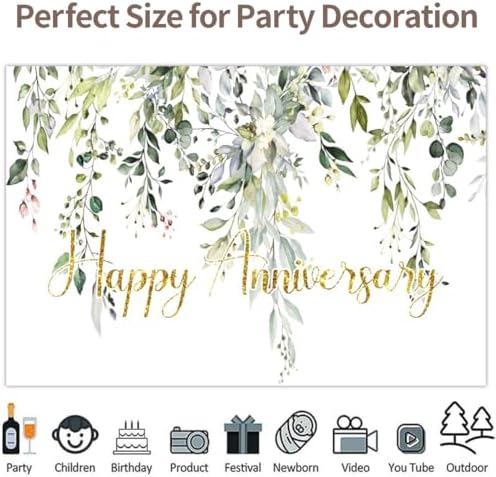 Leowefowa 9x6ft Vinyl Happy Anniversary Backdrop Green Gold Eucalyptus Leaves Photography Background Wedding Bridal Decorations Baby Shower Gender Reveal Photo Party Banner Photo Booth Props - Image 4