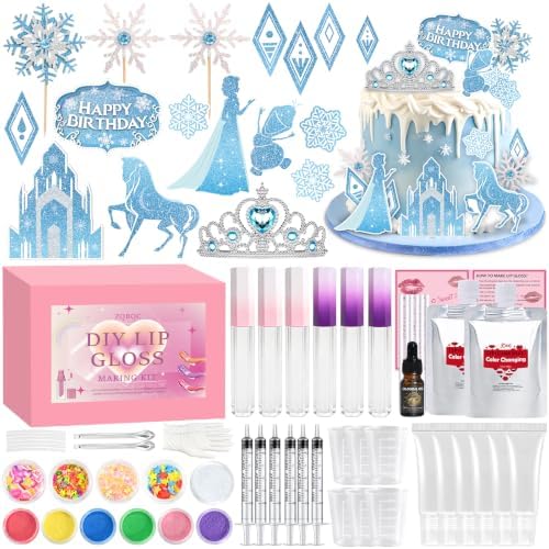 Anime Princess Cake Toppers, Snow Theme Princess Cake Decorations&Lip Gloss Kit for Kids, Fun DIY Color Changing Lip Gloss Kit Birthday Gifts for Girls Kids Teens Baby Shower Children's Party by GZDUCK