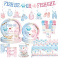 Gone Fishing Gender Reveal Decorations Tableware Set, 177 PCs Fish He or Fish She Supplies with Plates, Napkins, Forks, Banner, Tablecloth for Baby Shower Party, Serves 24 Guests by Fiesec
