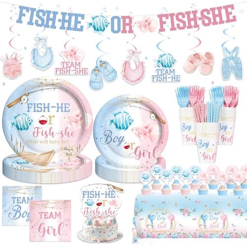 Gone Fishing Gender Reveal Decorations Tableware Set, 177 PCs Fish He or Fish She Supplies with Plates, Napkins, Forks, Banner, Tablecloth for Baby Shower Party, Serves 24 Guests by Fiesec