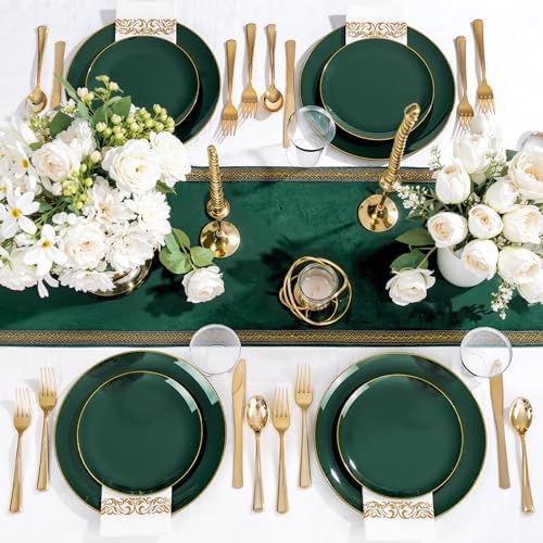 YOUBET 175PCS Green Plastic Plates with Gold Rim for Wedding Party - Image 2