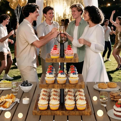 IBUYKE 3 Tier Square Cupcake Stand,Rustuc Brown TLJ030H - Image 6