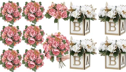 6 Bundles Peonies Artificial Flowers & Pack of 4 Baby Shower Centerpieces for Tables by SEKNHOP