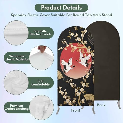 Arch Backdrop 6.6 Ft, Cherry Blossom Spandex Stretch Fitted Arch Cover, Round Top Chiara Arches Stand Backdrop Cover for Wedding Birthday Party Baby Shower Harmony Crane Red Moon Paper Fan - Image 6