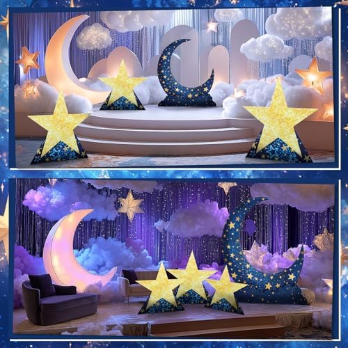 Leinuosen 4 Pcs Starry Night Party Decoration Crescent Moon Star Cardboard Stand up Cutout 2.15-5 ft Large Life Size Twinkle Little Backdrop Prom Photo Prop Standup for Movie Night Birthday Homecoming - Image 3