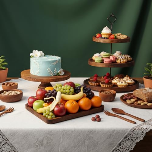 RattanView 7 Pcs Wooden Cupcake Stand Set with Cake Pedestal Trays,Brown - Image 6