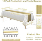 12Pack Disposable Plastic Tablecloths and Satin Table Runner Set White and Gold Dot Tablecloth Gold Satin Table Runner for Wedding Birthday Baby Shower Anniversary Christmas New Year Party Supplies - Image 2