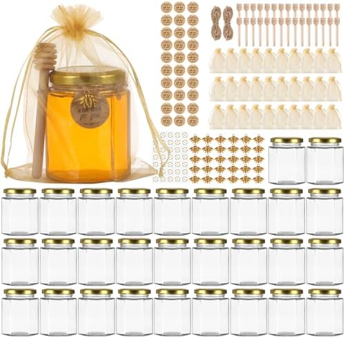 6 oz Hexagon Glass Honey Jars 30 Pack, Gold Lids with Dipper & Jute by TOEKSIX