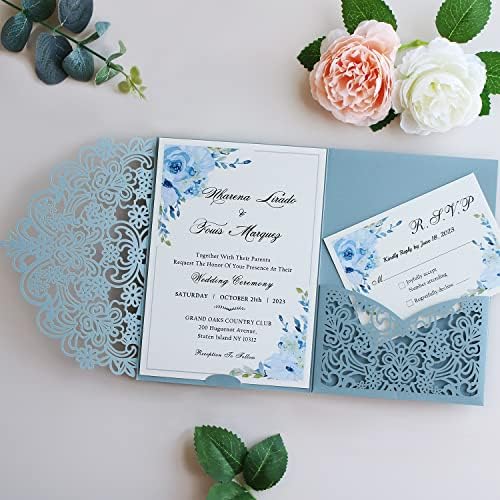 Hosmsua 50PCS Dusty Blue Wedding Invitation Pocket, 5.12 x 7.2 Laser Cut Flora Wedding Invitation Pockets with Envelopes for Wedding Quinceanera Sweet 16 Invite (No Inner Sheet) - Image 2