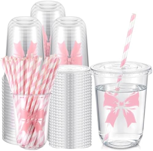 LemonRoad 100sets 16oz Pink Bow Cups Pink Birthday Party Decorations Supplies Cute Plastic Cups Disposable with Lids and Straws for Valentines Galentines Day Christmas Wedding Baby Shower Decorations by Unknown