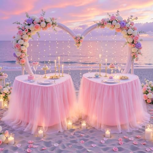 PARTISKY 9FT Long Pink Tulle Table Skirt for Rectangle Round Tables 3-Layer Ruffle Desk Teacher Skirt for Back to School Supplies Princess Girls Birthday Party Classroom Dorm Cake Dessert Decor - Image 6